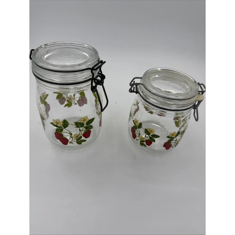 Set Of 2 Arc France Strawberry Blossom Glass Canisters 1960s 1.0 Liter & 3/4 L